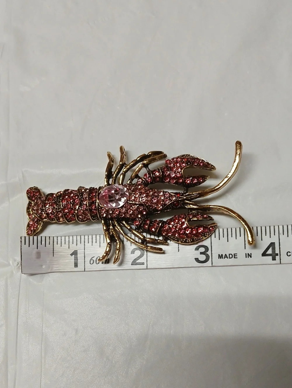 Large Lobster Brooch Pin Goldtone Metal Encrusted w/ Pink Crystals RARE Jewelry